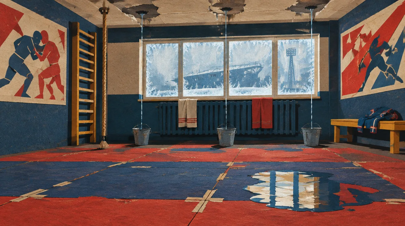 The training room under the roof: patched mats, three buckets under the drips, frost on the windows