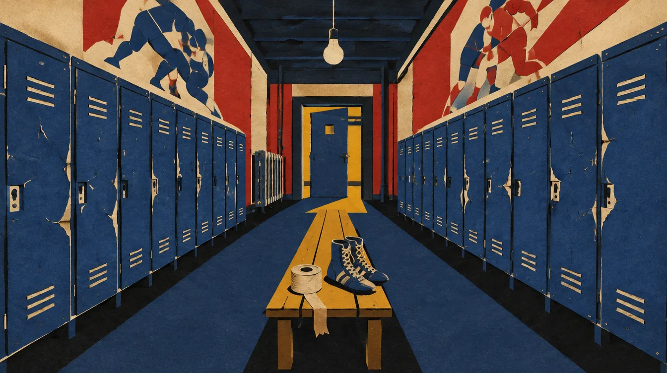 The locker corridor under the stands, a roll of bandage and a pair of boots left on the bench