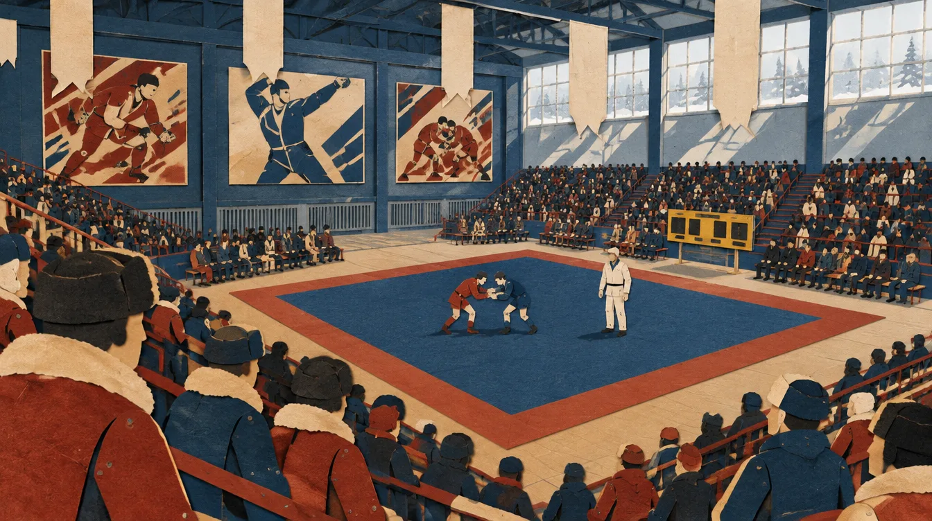 The main hall during the Winter Games: two wrestlers grip on the blue mat while spectators in fur hats fill the benches