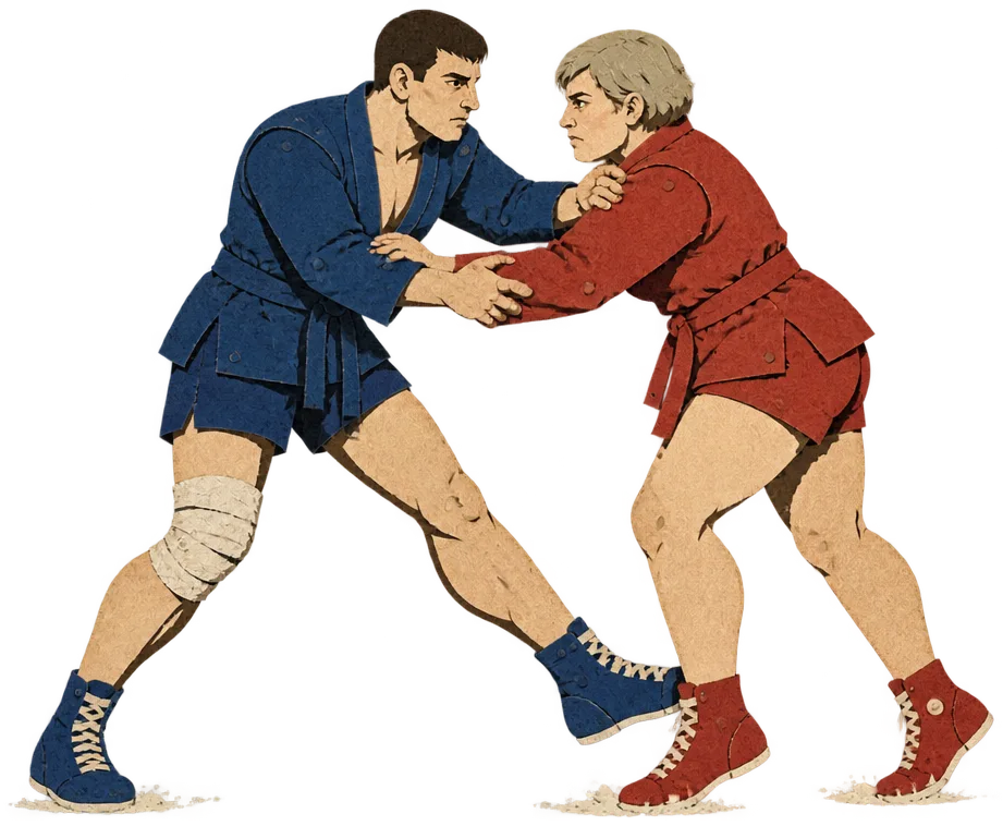 Misha hooks Lidiya's ankle with his left leg, both gripping sleeve and collar, his bandaged knee bent under the weight