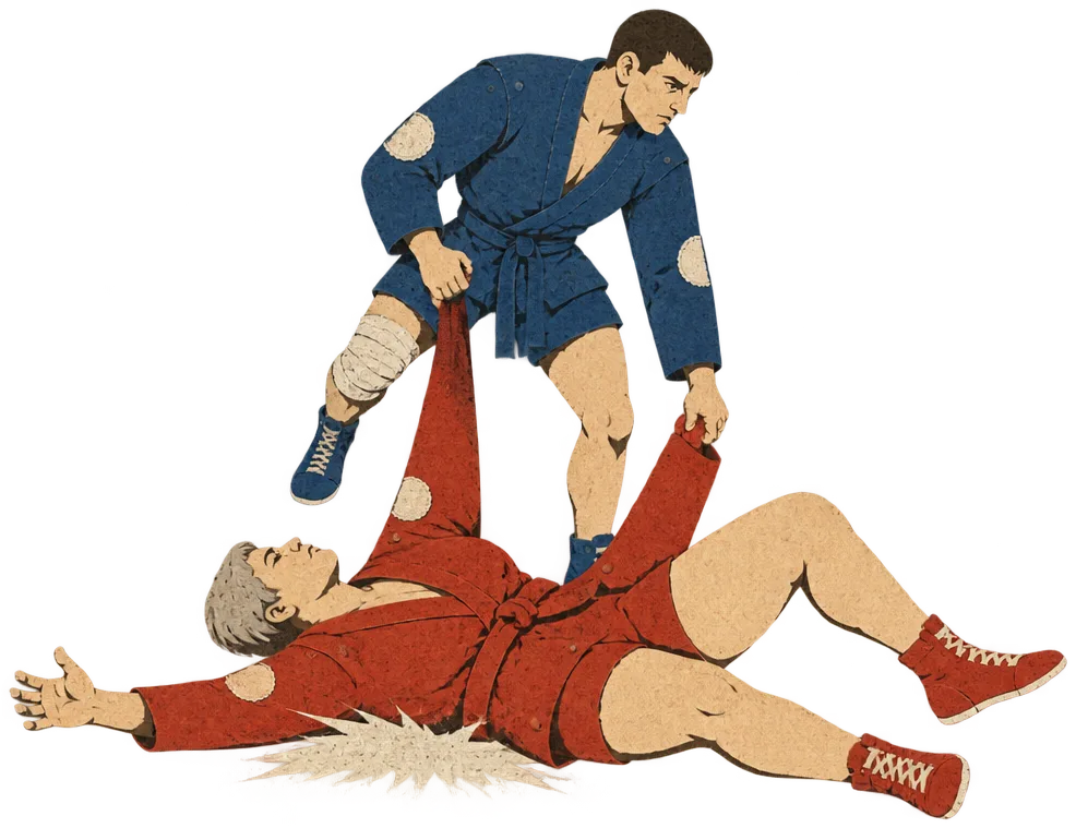 Lidiya lands flat on her back; Misha stands over her on one leg, still holding her sleeve