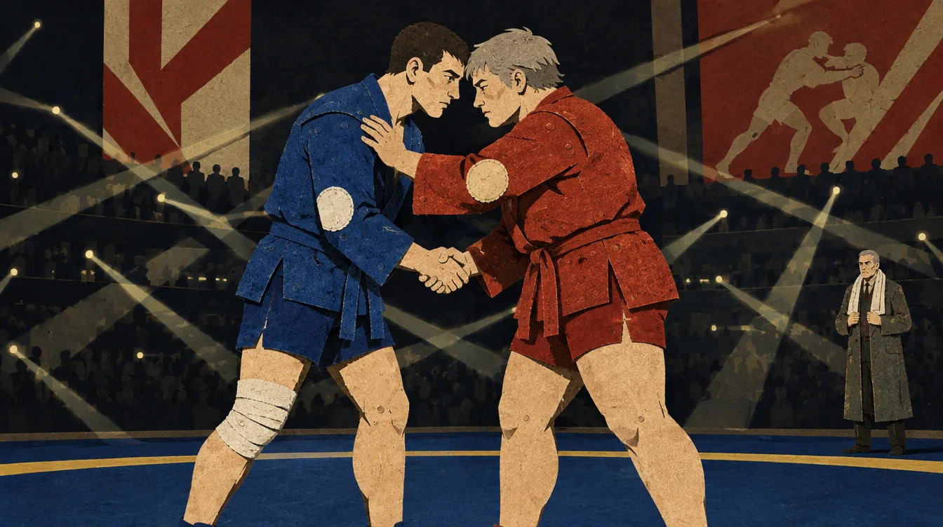 Misha and Lidiya shake hands in the middle of the mat under crossing torch beams; Galina stands small at the edge