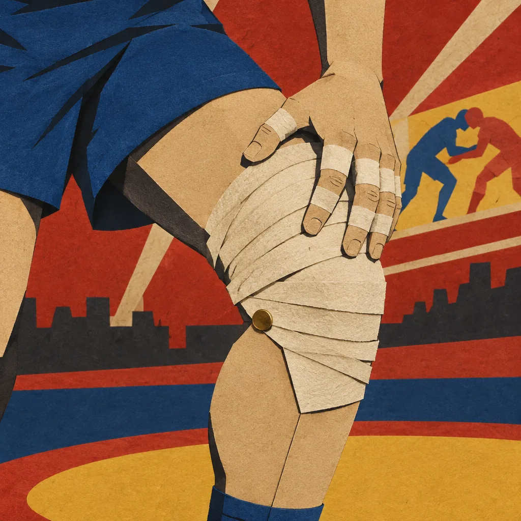 Close-up: a hand with taped fingers presses on a bandaged knee held together by a brass pin