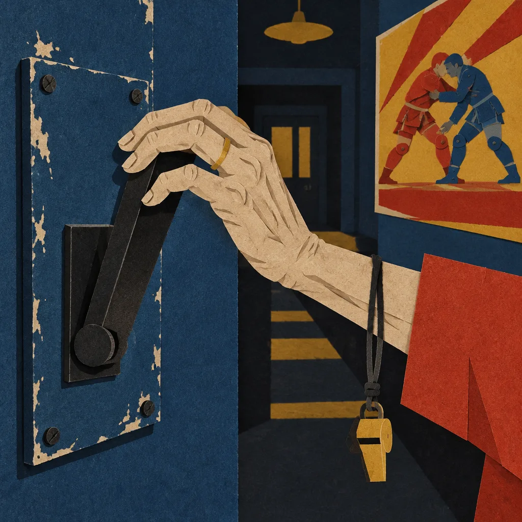 Galina's hand on the big black lever of the hall's light switch, the whistle cord at her wrist