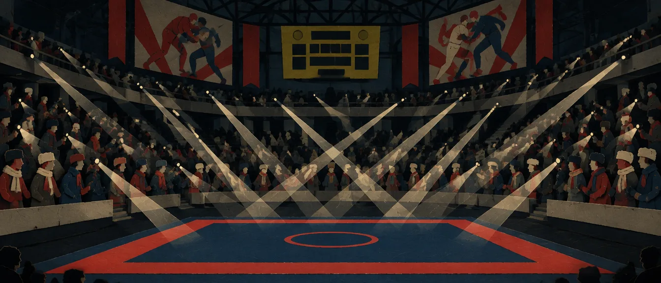 The dark hall on the night of the last bout: packed stands, every spectator holding a torch, beams crossing over the empty mat