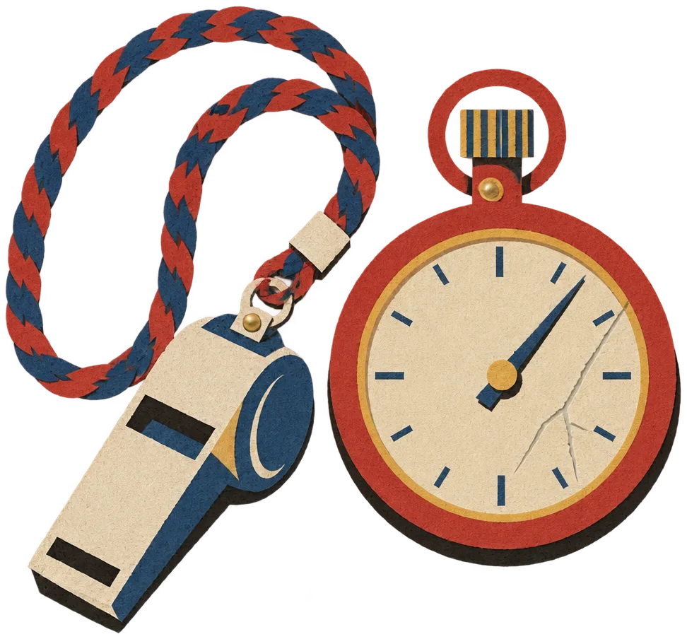 Galina's whistle on a braided cord beside her cracked stopwatch